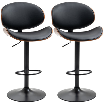 Set of 2 Modern PU Leather Adjustable Swivel Bar Stools with Curved Backrest, Steel Footrest and Base, Black