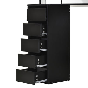 Coiffeuse d'angle avec 5 tiroirs et étagères ouvertes, miroir 3 pièces, noire