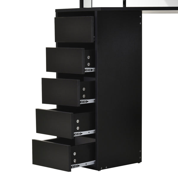 Coiffeuse d'angle avec 5 tiroirs et étagères ouvertes, miroir 3 pièces, noire
