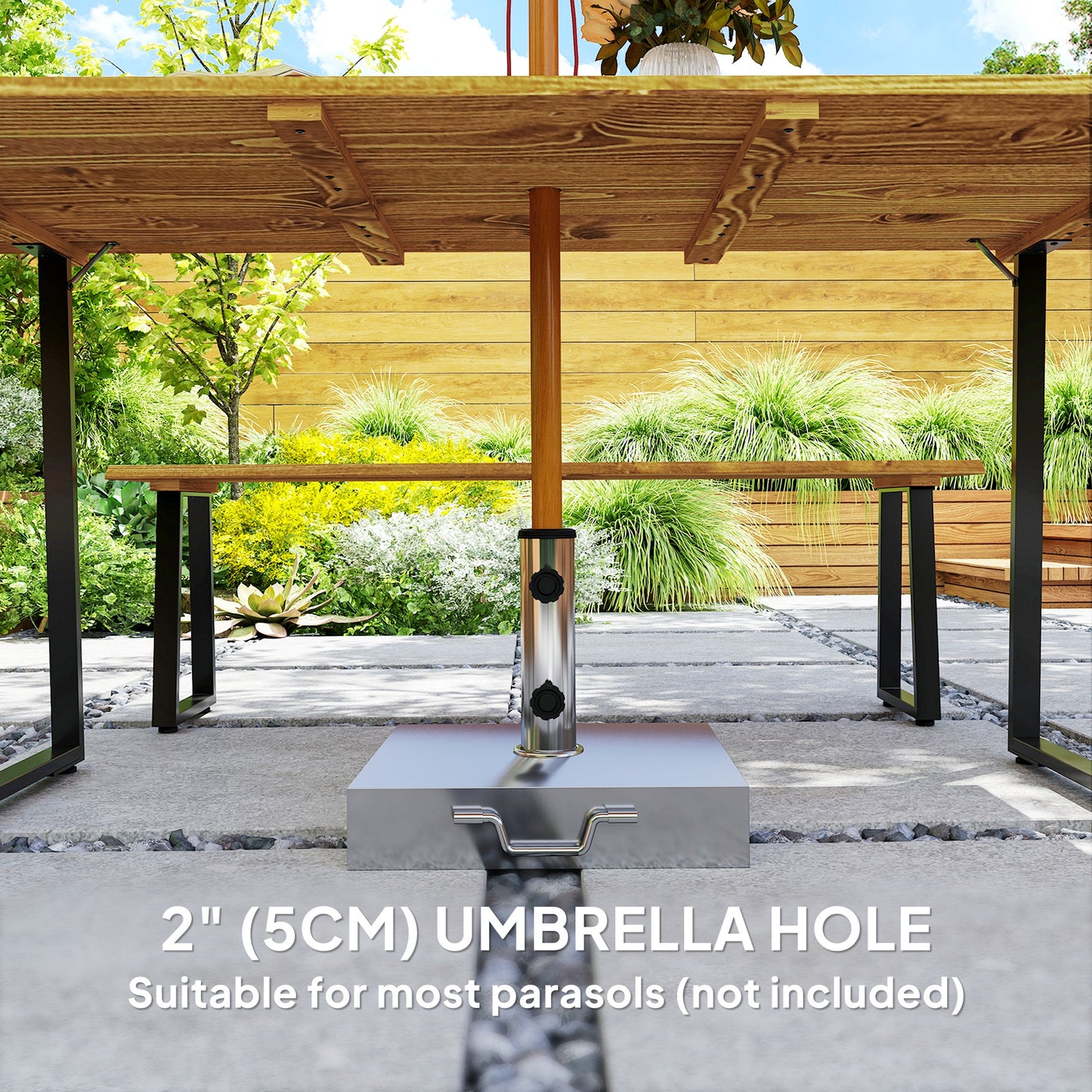 Ensemble table et banc de pique-nique pour 6 personnes avec trou pour parasol de 5 cm, plateau à lattes et structure en acier