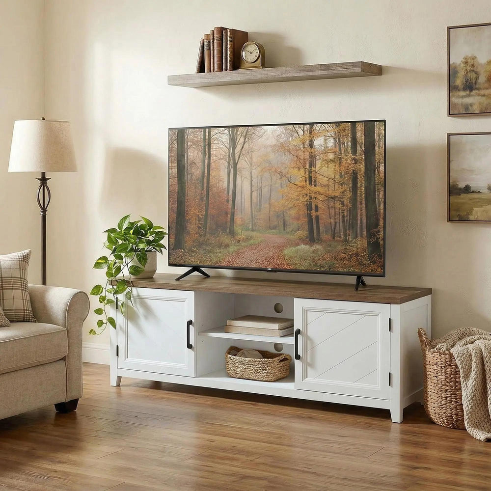 TV stand for TVs up to 42 inches with 2 open shelves, 2 cupboards, thick top, white and brown