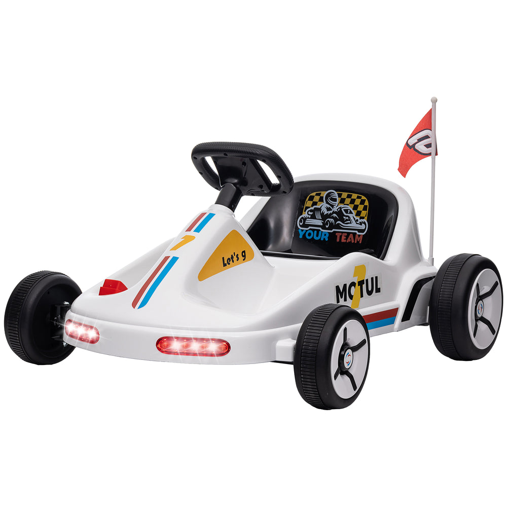 Karting électrique 6V pour enfants de 3 à 5 ans avec musique, lumières, klaxon, blanc