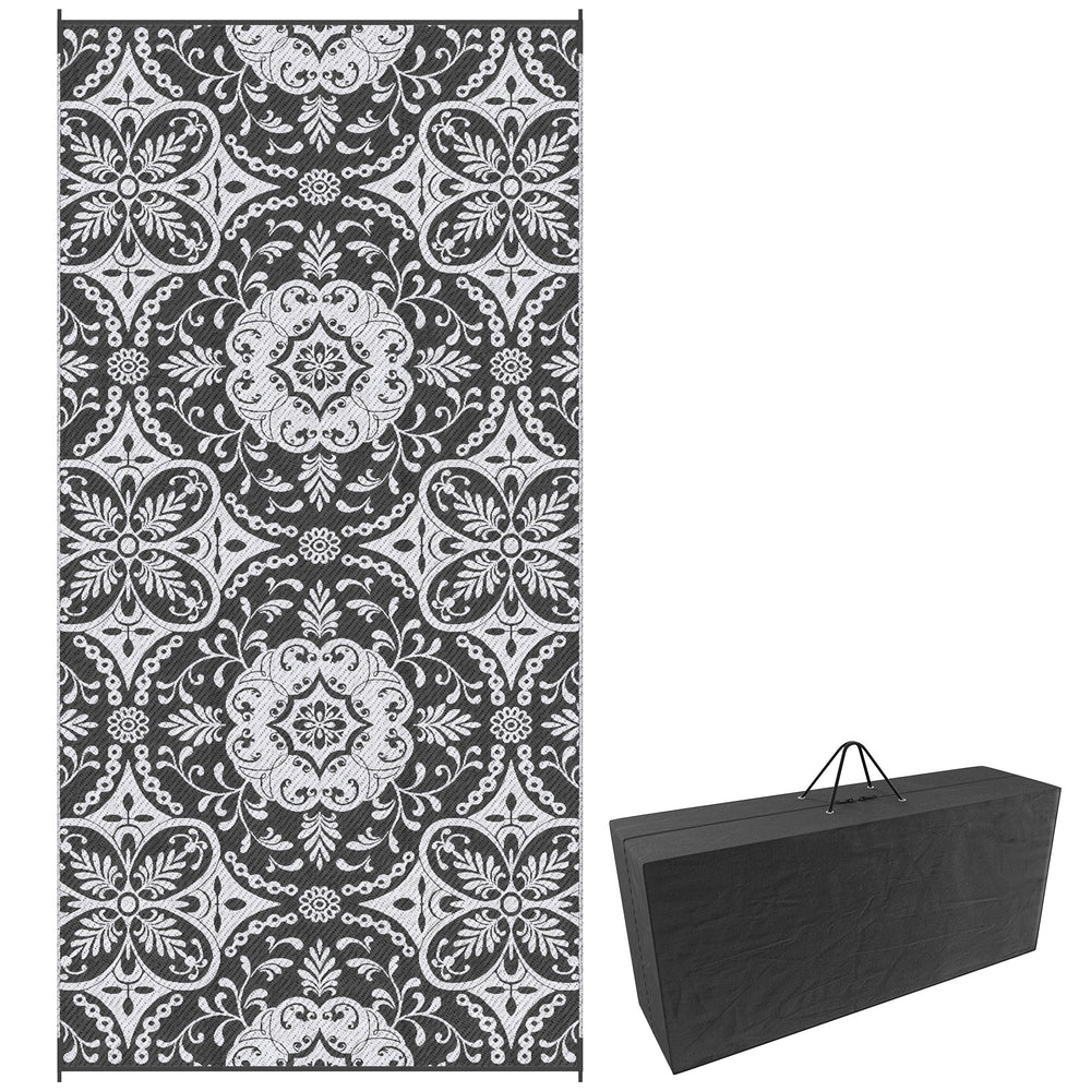 Tapis d'extérieur portable avec sac de transport, réversible, motif floral gris et blanc