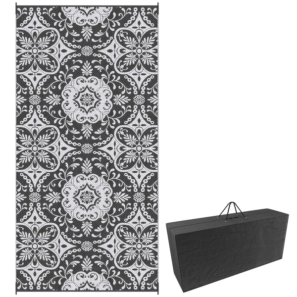 Tapis d'extérieur portable avec sac de transport, réversible, motif floral gris et blanc