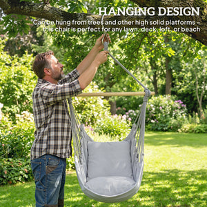 Hammock Chair Swing Hanging Macrame Chair w/ Two Soft Seat Cushions, Grey
