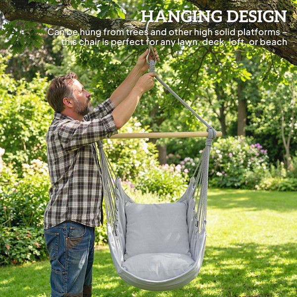 Hammock Chair Swing Hanging Macrame Chair w/ Two Soft Seat Cushions, Grey