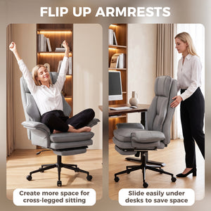 Chaise de bureau ergonomique avec repose-pieds, accoudoirs relevables et dossier inclinable à 135°, gris