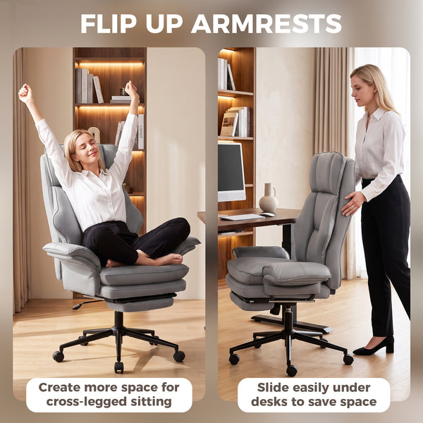 Chaise de bureau ergonomique avec repose-pieds, accoudoirs relevables et dossier inclinable à 135°, gris
