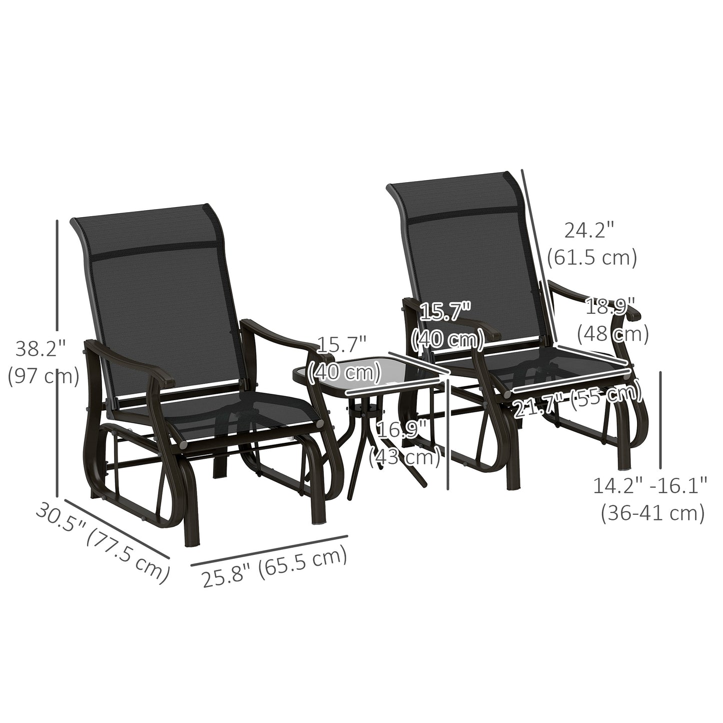 Outsunny 3PCs Gliding Rocking Chair &amp; Bistro Tea Table Set, Black |