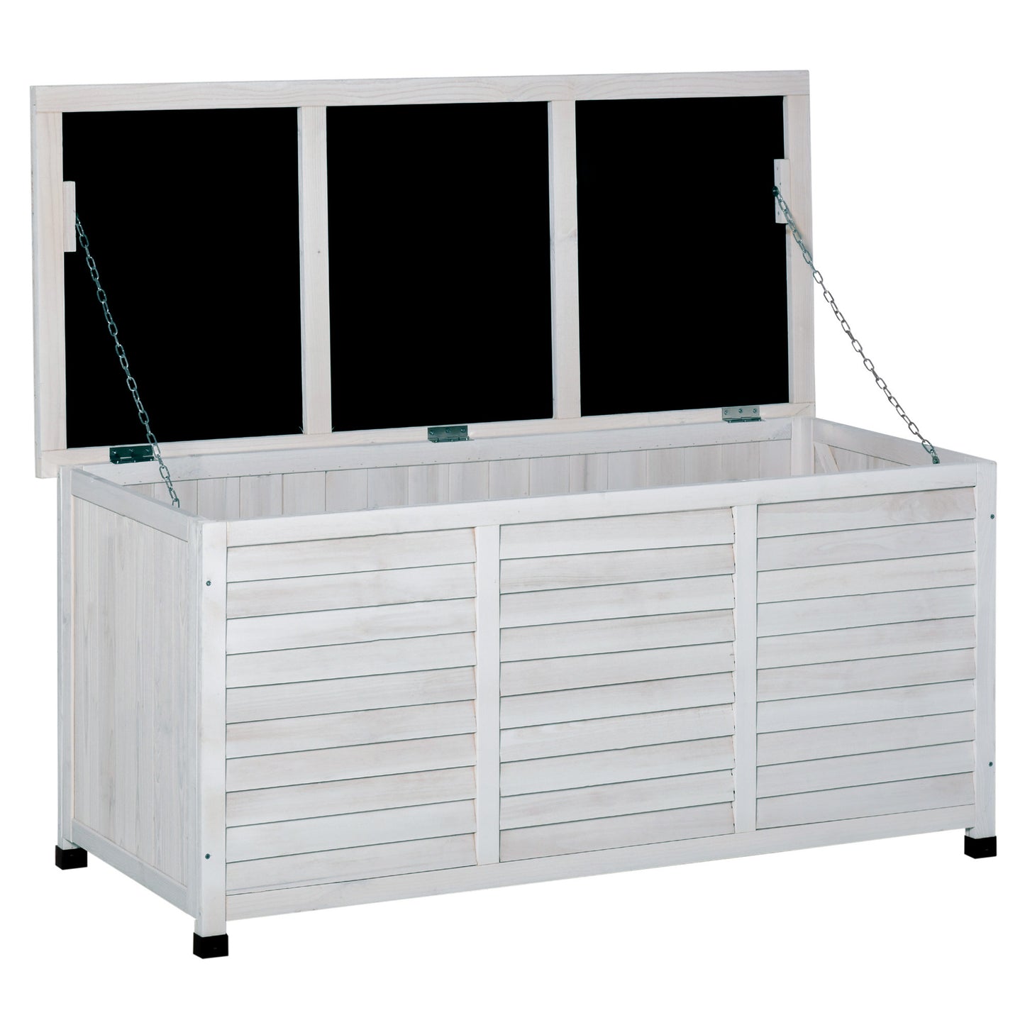 Coffre de rangement en bois Outsunny de 75 gallons pour terrasse, banc, jardin, arrière-cour, extérieur, avec fente d'aération et finition résistante aux intempéries, blanc