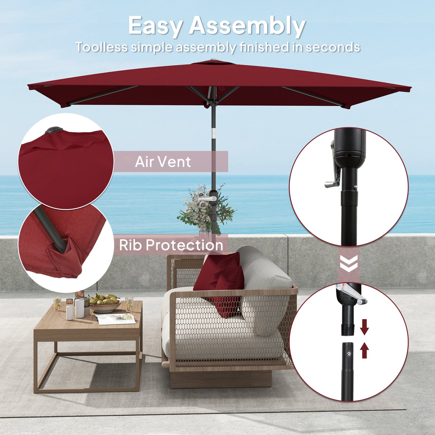 Outsunny 2 x 3 m Rectangular Tilting Aluminum Garden Parasol, Garden Umbrella, Outdoor Umbrella with Crank, Wine Red