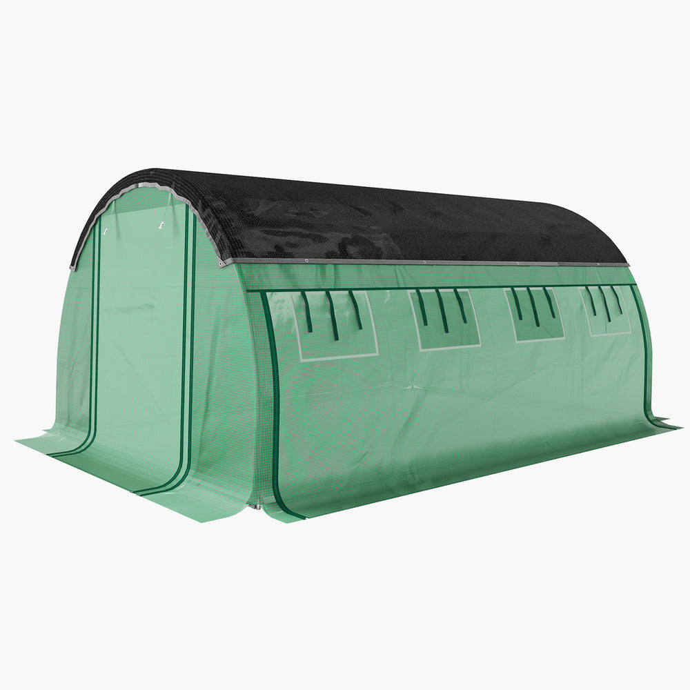 Heated tunnel greenhouse with shade netting, roll-up mesh side panels, green