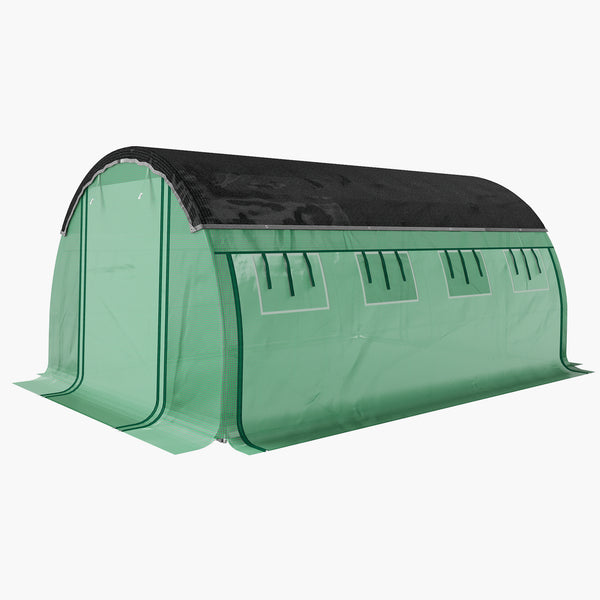 Heated tunnel greenhouse with shade netting, roll-up mesh side panels, green