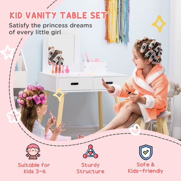 Coiffeuse pour enfants avec miroir et tabouret, blanche