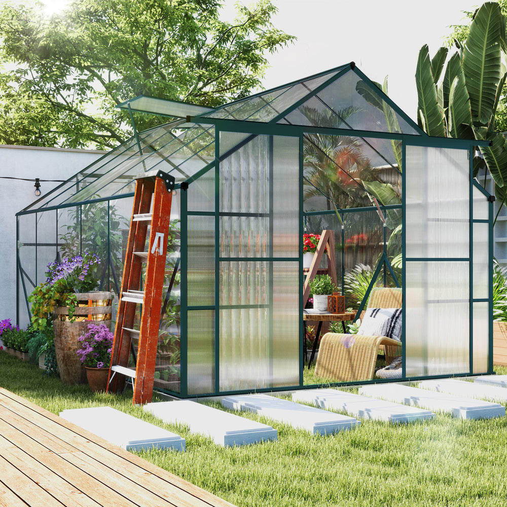 Aluminium and polycarbonate garden greenhouse with adjustable roof ventilation