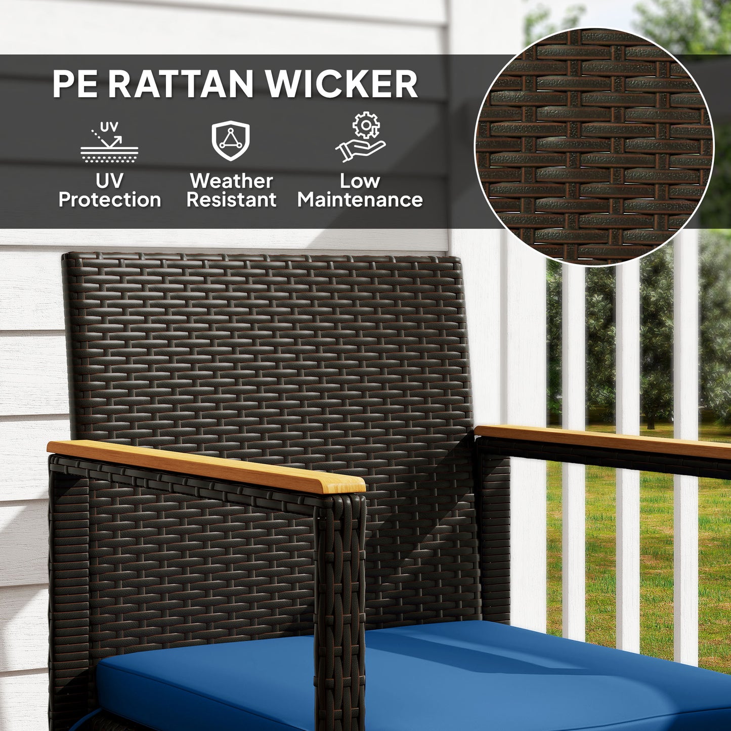 Outsunny 3 Piece Wicker Garden Furniture Set, Rattan Bistro Set with Acacia Wood Table and Removable Cushions, Dark Blue