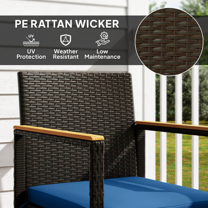 Outsunny 3 Piece Wicker Garden Furniture Set, Rattan Bistro Set with Acacia Wood Table and Removable Cushions, Dark Blue
