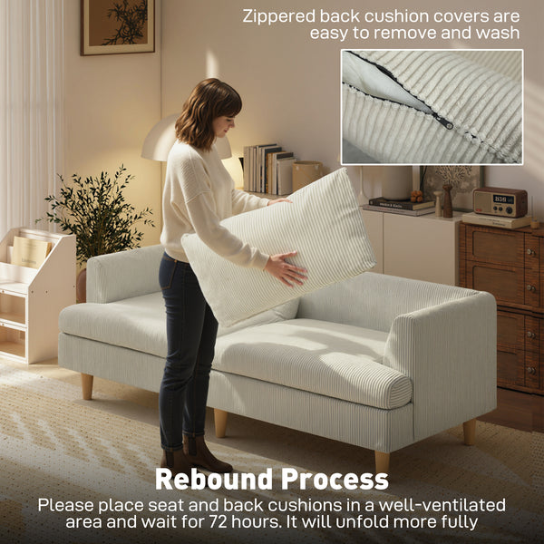 Canapé 3 places revêtement en velours côtelé moderne, coussins à ressorts épais, pieds et accoudoirs en bois massif, beige