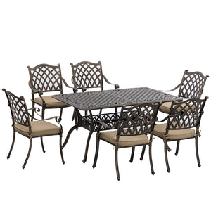 Ensemble de salle à manger de jardin 7 pièces en fonte avec 6 chaises rembourrées et table à manger rectangulaire, kaki