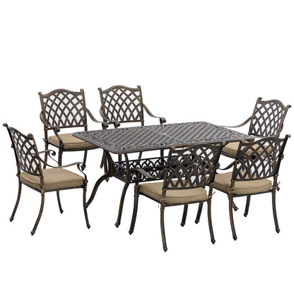 Outsunny 7 Piece Garden Dining Set with Umbrella Hole, Cast Aluminum Outdoor Furniture Set with 6 Padded Chairs and Rectangular Dining Table, for Garden, Lawn and Patio, Khaki