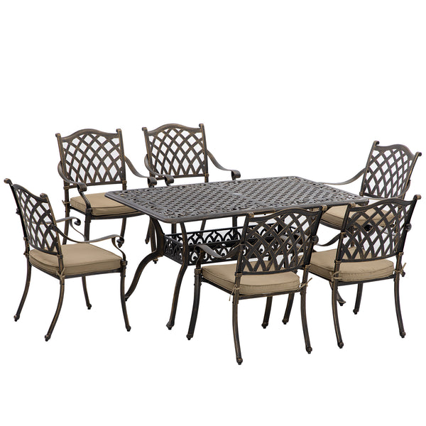 Ensemble de salle à manger de jardin 7 pièces en fonte avec 6 chaises rembourrées et table à manger rectangulaire, kaki