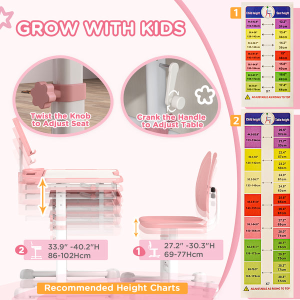 Height Adjustable Desk and Chair Set with Tilting Top, Pink