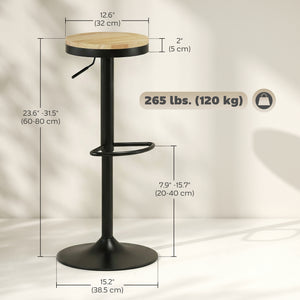 Ensemble de 2 tabourets de bar en bois, pivotants et réglables en hauteur, bois naturel et noir.