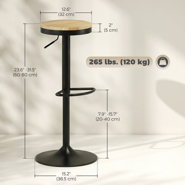Ensemble de 2 tabourets de bar en bois, pivotants et réglables en hauteur, bois naturel et noir.