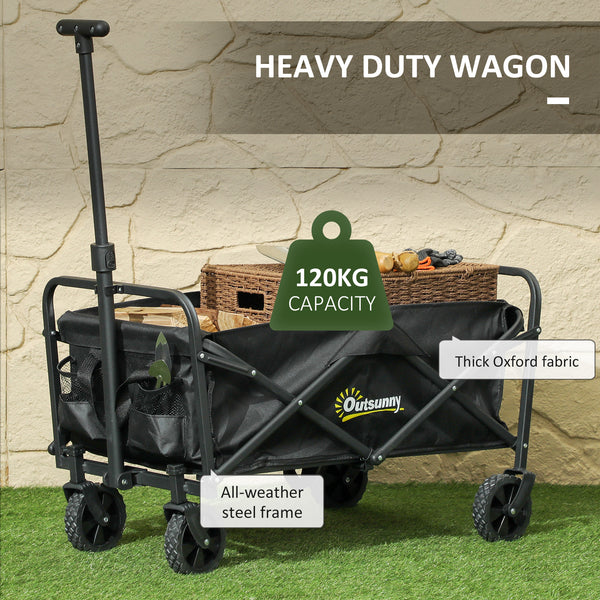 Chariot de jardin pliable avec roues universelles et poignée réglable, noir.