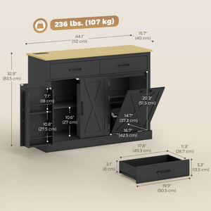 7-Gallon Tilt-Out Trash Cabinet with Charging Station, 2 Drawers, 4 Door Shelves, Black