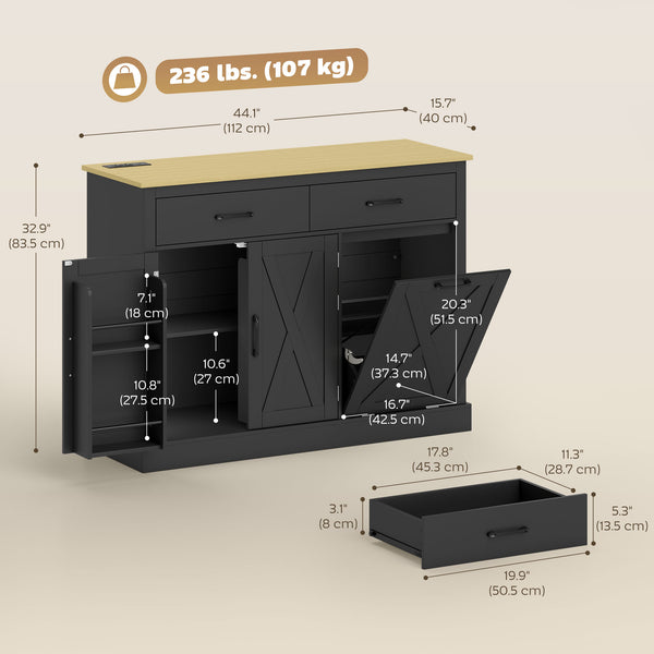 7-Gallon Tilt-Out Trash Cabinet with Charging Station, 2 Drawers, 4 Door Shelves, Black