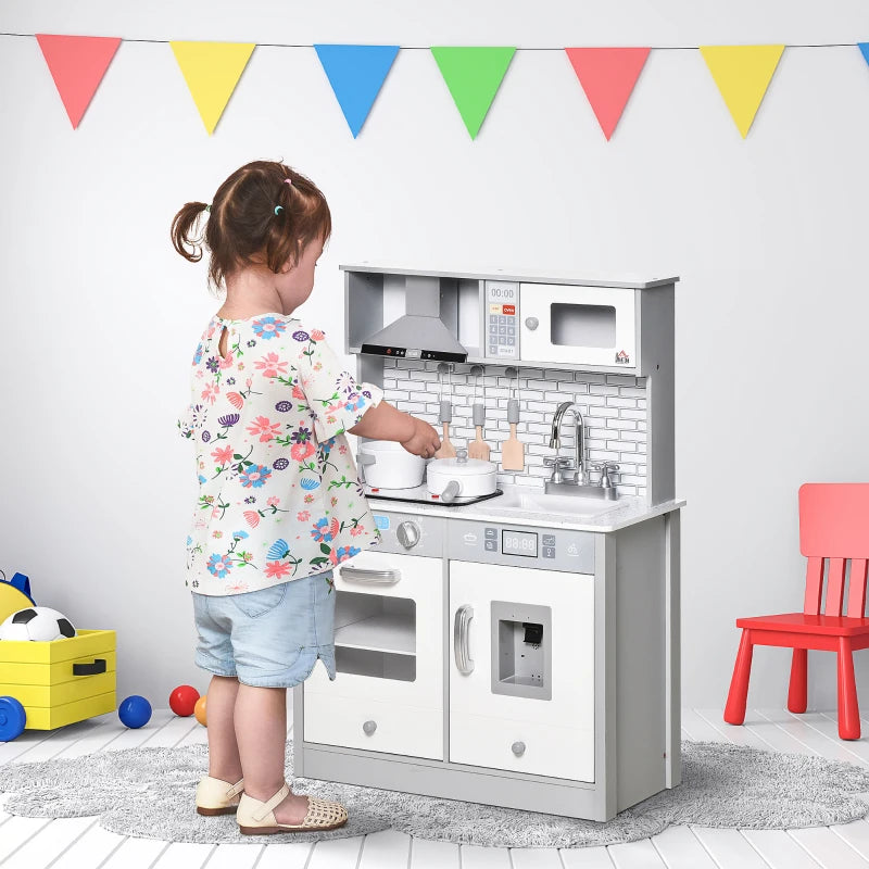 Cuisinette avec effets sonores et lumineux, table de cuisson à piles, machine à glaçons, grise