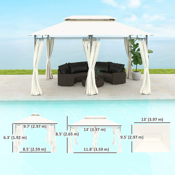 Tonnelle de jardin 10' x 13' à double toit, avec rideaux, blanc crème