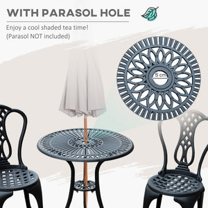 3 Pieces Antique Outdoor Bistro Set Cast Aluminum Patio Table and Chairs with Umbrella Hole, Black