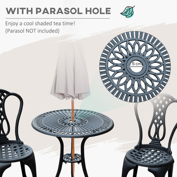 3 Pieces Antique Outdoor Bistro Set Cast Aluminum Patio Table and Chairs with Umbrella Hole, Black