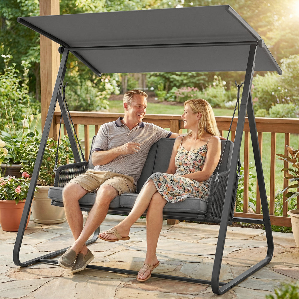 Balancelle de terrasse/porche d'extérieur pour 2 personnes avec auvent réglable, en rotin avec coussins moelleux