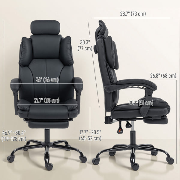 Reclining office chair with pet-friendly fabric upholstery, headrest, footrest, and swivel casters, black