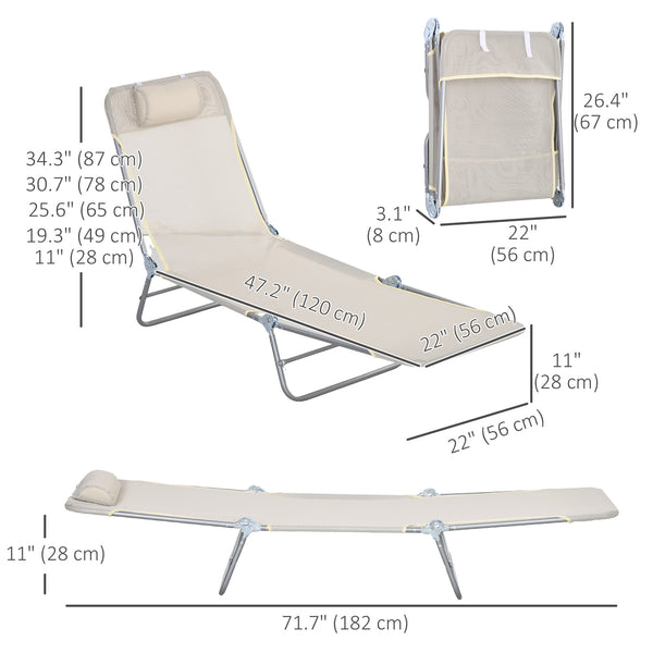 Lot de 2 chaises longues pliantes avec coussin et dossier inclinable, blanc crème