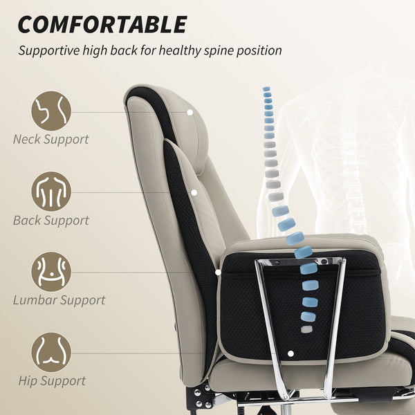 Upholstered reclining office chair with high back, faux leather upholstery, footrest, swivel casters, grey