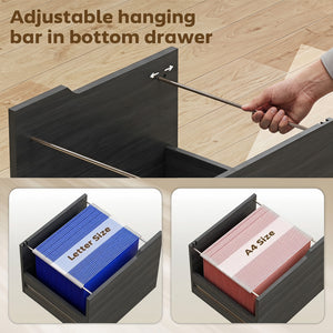 Filing Cabinet with Power Outlets Lockable Casters File Drawer Side Cubbies Black Wood Grain
