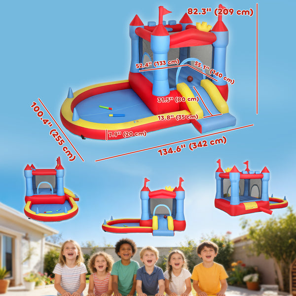 Château gonflable pour enfants avec toboggan, piscine à balles, panier de basket et souffleur pour une utilisation intérieure et extérieure.