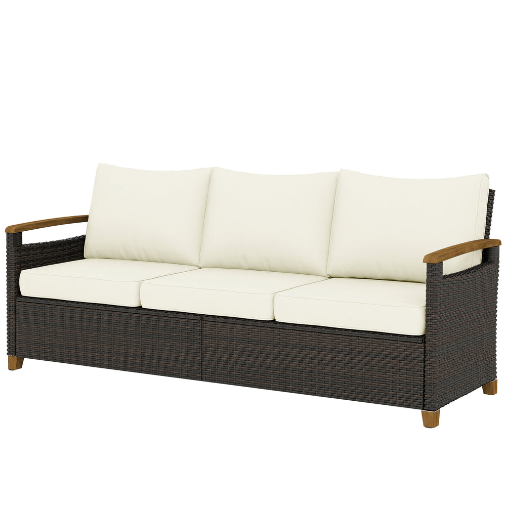Canapé d'extérieur 3 places en résine tressée, assise large, coussins de 10 cm, accoudoirs imitation bois, blanc crème