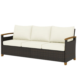 Canapé d'extérieur 3 places en résine tressée, assise large, coussins de 10 cm, accoudoirs imitation bois, blanc crème