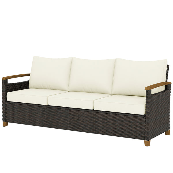 Canapé d'extérieur 3 places en résine tressée, assise large, coussins de 10 cm, accoudoirs imitation bois, blanc crème
