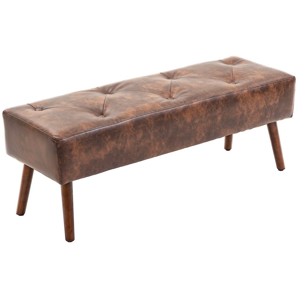 Banc de chambre avec capitonnage à boutons en similicuir avec pieds en bois, marron