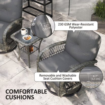 Ensemble de jardin 3 pièces en osier avec 2 fauteuils pivotants à bascule et une table basse en verre à deux niveaux, gris