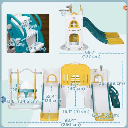 8-in-1 Slide and Swing Set, Baby Swing with Basketball Hoop, Climber and Steering Wheel, for 1-3 Years Old, Yellow