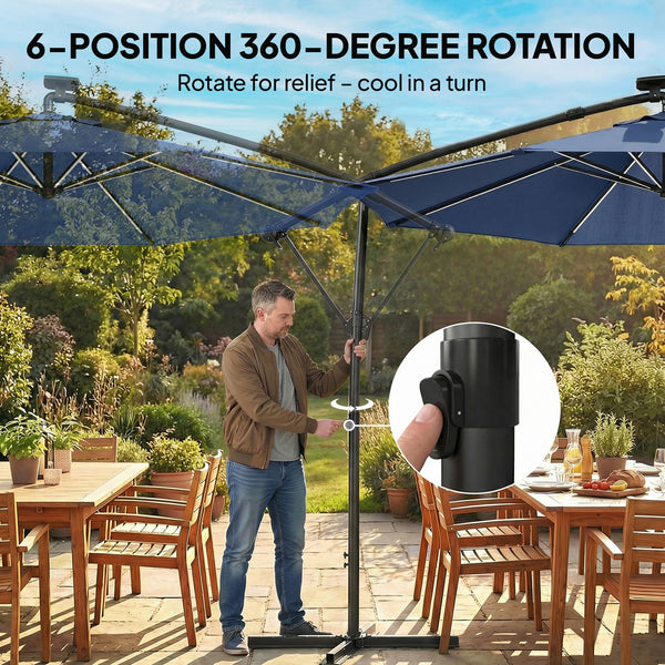 3m cantilever parasol with solar lighting, 360° rotation, tilt, and protective cover, navy blue
