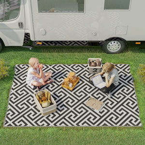 Tapis d'extérieur réversible pour patio, tapis en paille plastique 1,5 x 2,4 m pour jardin, terrasse, plage, camping, noir et blanc