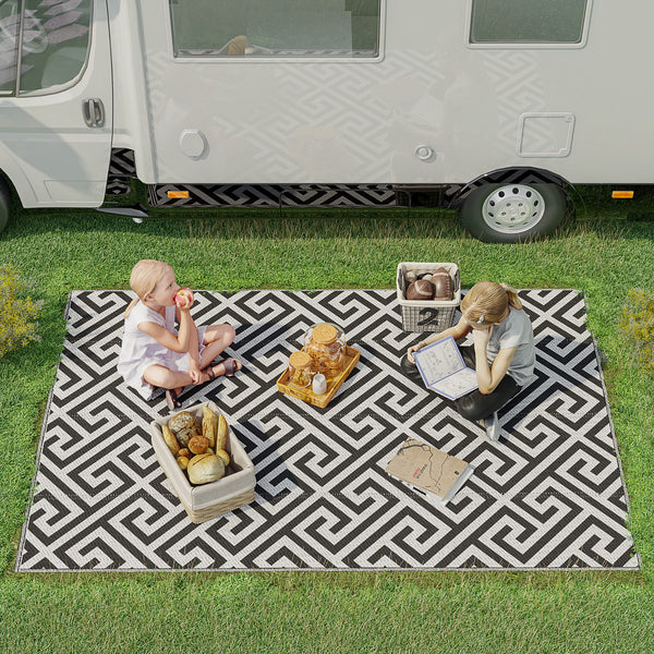 Tapis d'extérieur réversible pour patio, tapis en paille plastique 1,5 x 2,4 m pour jardin, terrasse, plage, camping, noir et blanc